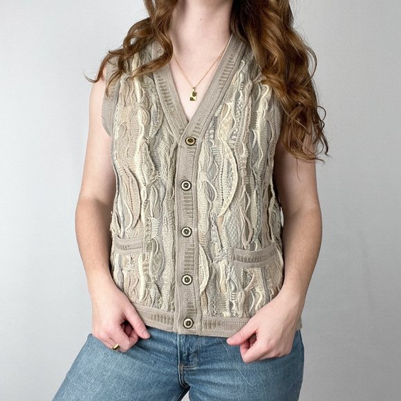 Rare COOGI Australia Wool 3D Cable Knit Oversized Sweater Vest Cardigan 80s 90s - Picture 4 of 8